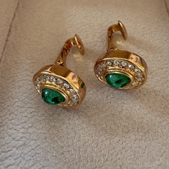 Dior Gold-Tone Earrings with Green Cabochons and Clear Crystals - Picture 4 of 6